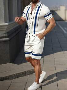 Manfinity CasualCool Men's Casual Set, Short Sleeve Shirt And Shorts, Fashionable For Summer, Holiday - Multicolor - View 1