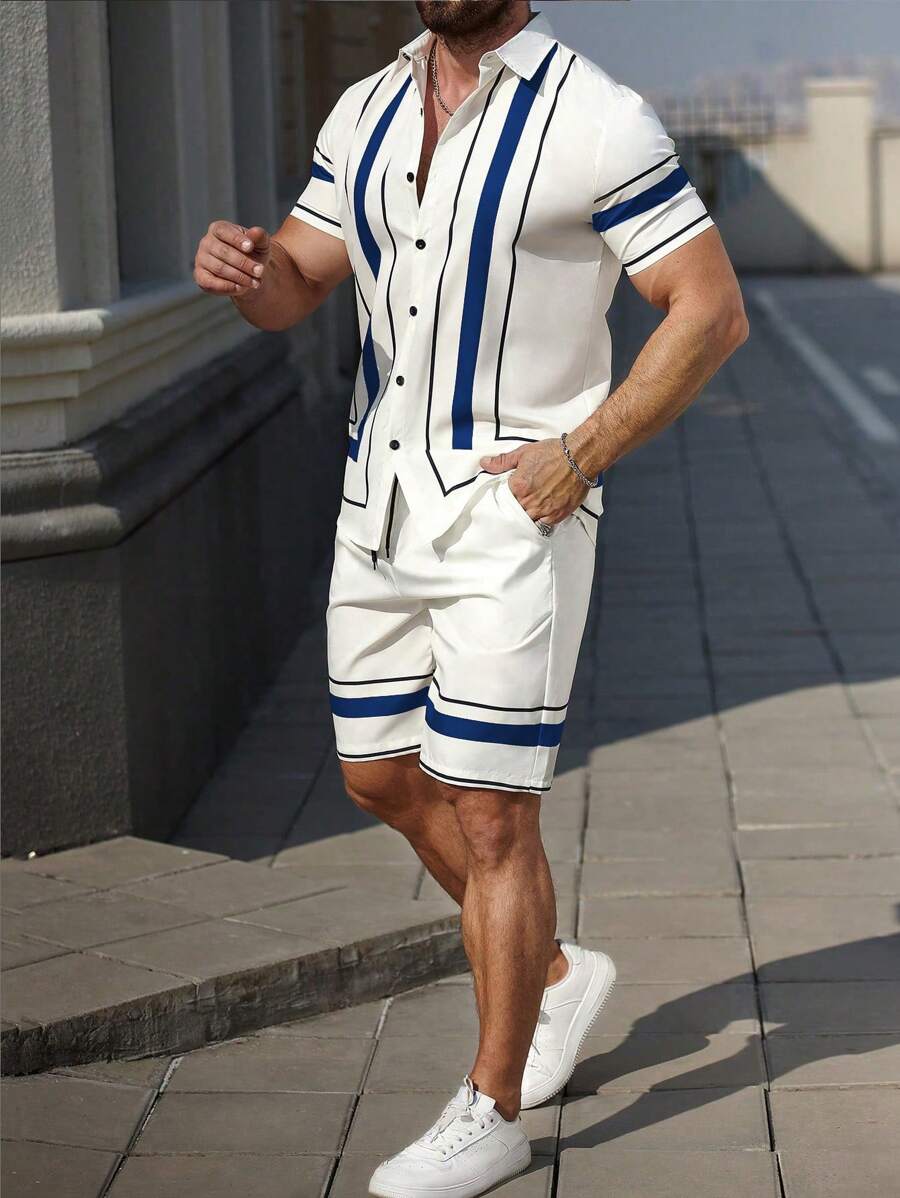 Manfinity CasualCool Men's Casual Set, Short Sleeve Shirt And Shorts, Fashionable For Summer, Holiday - Multicolor - View 1