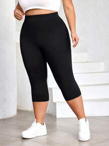 SHEIN CURVE+ Plus Size High Waist Black Skinny Leggings, Casual & Suitable For Summer, Cool Fabric Stretch Leggings, Curve Plus, Boho Vacation - Black - View 3