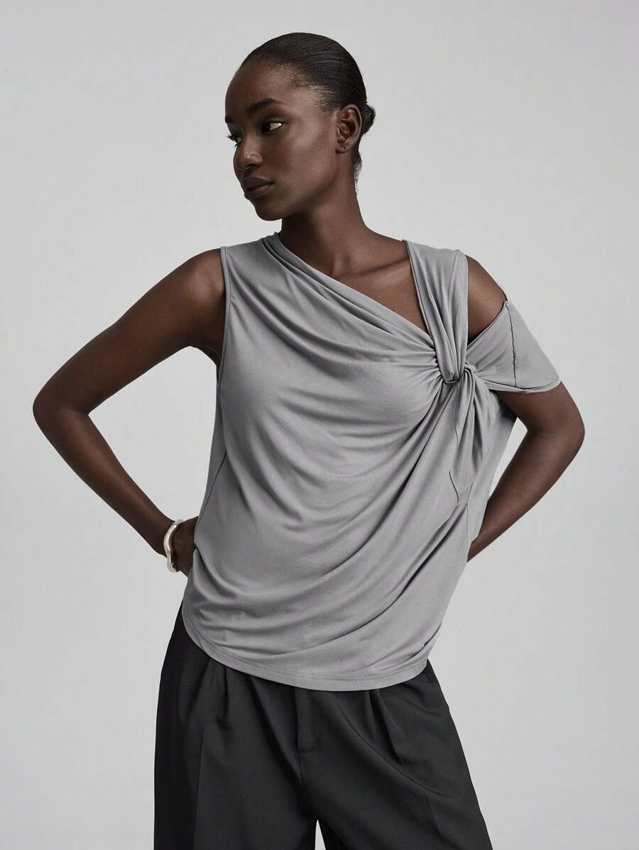 Ontre 2025 春夏女款纯色不对称领口荷叶边短袖 T 恤，适合度假、海滩、派对、休闲、日常通勤、音乐节穿着