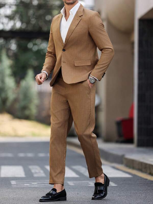 Manfinity Mode Men's Plus Size Solid Color Lapel Neck Long Sleeve Blazer And Pants Business Suit Set