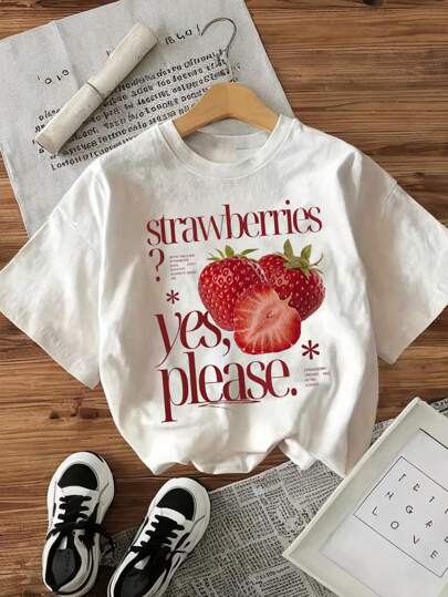 SHEIN MOOSTA 女士T恤“三个草莓，是的，请”印花宽松短袖，适合春夏季