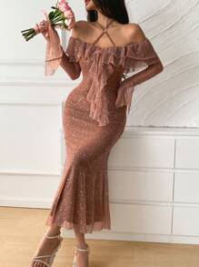 DAZY Women's Elegant Ruffle Flare Sleeve Fish Tail Hem Midi Dress Prom Dress Sequin - Champagne - View 4