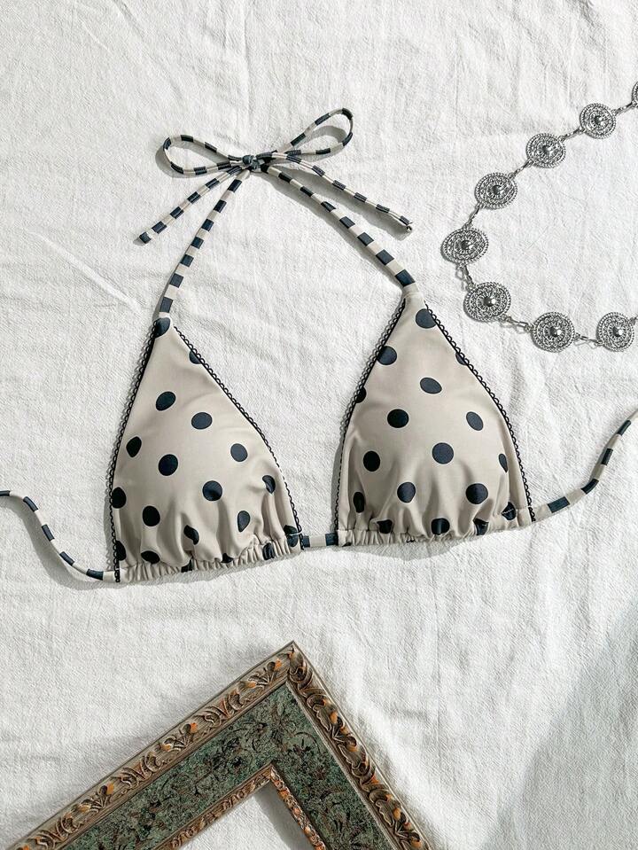 Swim SPRTY Women's Summer Beach Polka Dot Print Halter Tie Bikini Top