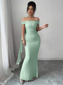 Elenzga 女士优雅纯色露肩鱼尾露背连衣裙 - 薄荷綠 - 查看 3