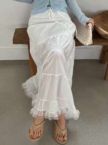 SHEIN x PRISCILA & JIMENA DAZY Fustă lungă și elegantă pentru femei, cu curea, din dantelă, albă, cu volane - alb - Vizualizare 8