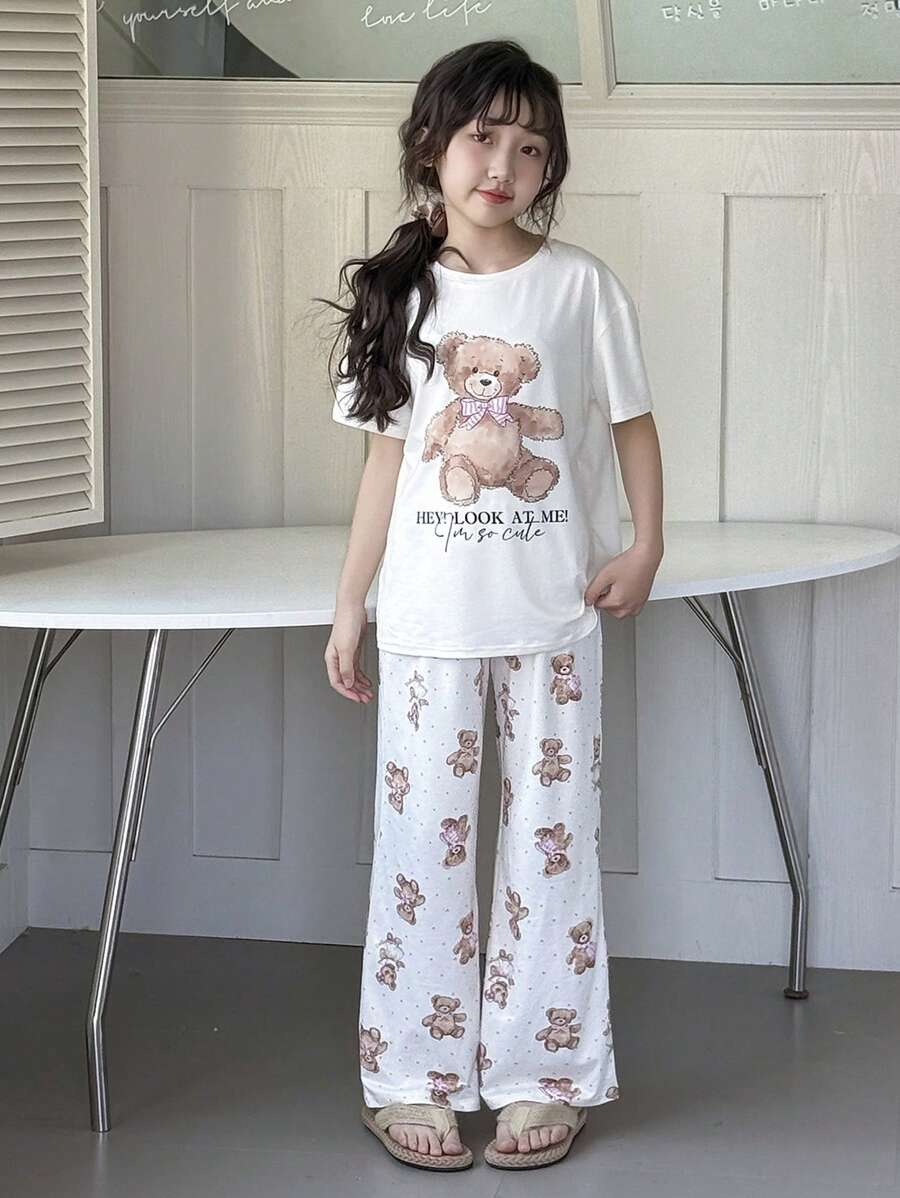 2件套女童可爱卡通蝴蝶结和熊印花圆领短袖T恤和宽松裤子睡衣套装 - 白色 - 查看 1