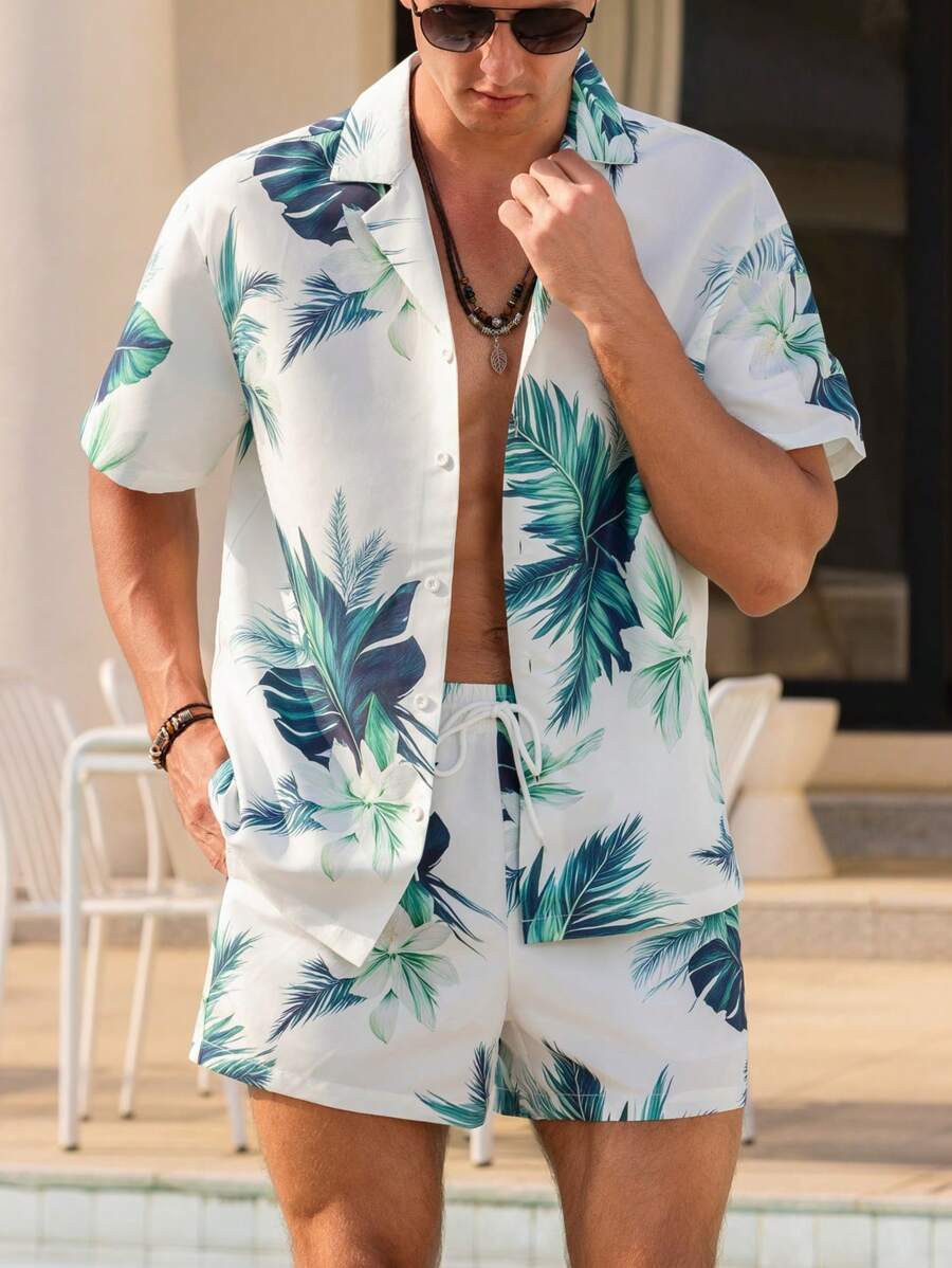 Manfinity VDAYZ Men's Tropical Print Shirt And Shorts Beach Set - White - View 1