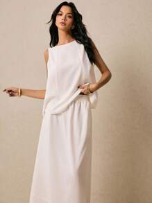 Poéselle Old Money 亚麻宽松白色无袖上衣和长裙套装 - 女士夏季亚麻简约两件套，Old Money 风格，夏季亚麻搭配套装，白色亚麻半裙套装，女士度假装，飘逸长裙套装，优雅休闲套装 - 白色 - 查看 5