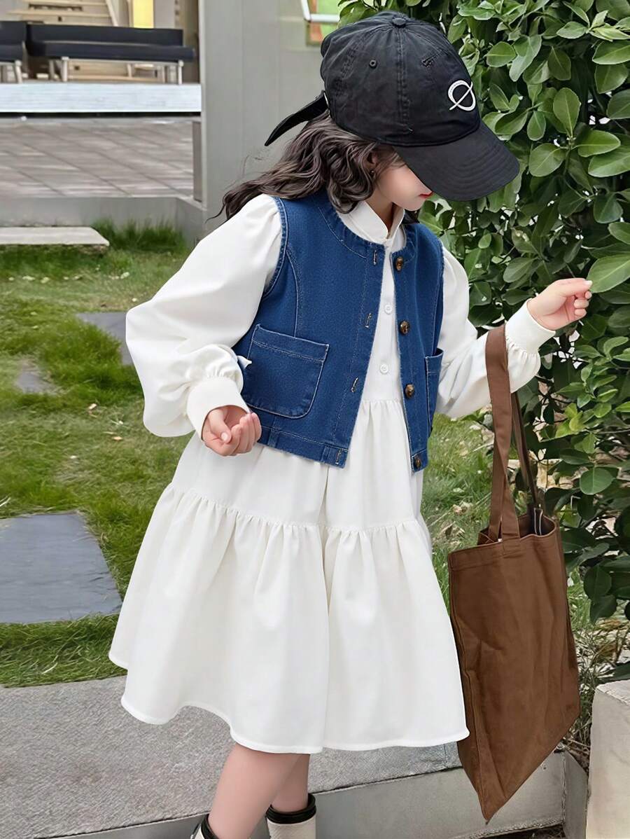 SHEIN 2 件女童休闲套装：长款宽松立领纯色正装衬衫和圆领蓝色牛仔背心夹克 - 白色 - 查看 1