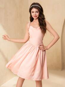 SHEIN Teen Girl Elegant Satin Wedding Flower Girl Dresses, Sleeveless Backless Tulle Ball Gown, Wedding Season, Pink - Baby Pink - View 3