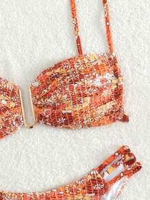 SHEIN Swim 2pcs/Set Women's Summer New Special Pleated Craftsmanship Floral Print Halter Swimsuit With Adjustable Shoulder Straps And High-Cut Bottoms - Multicolor - View 1