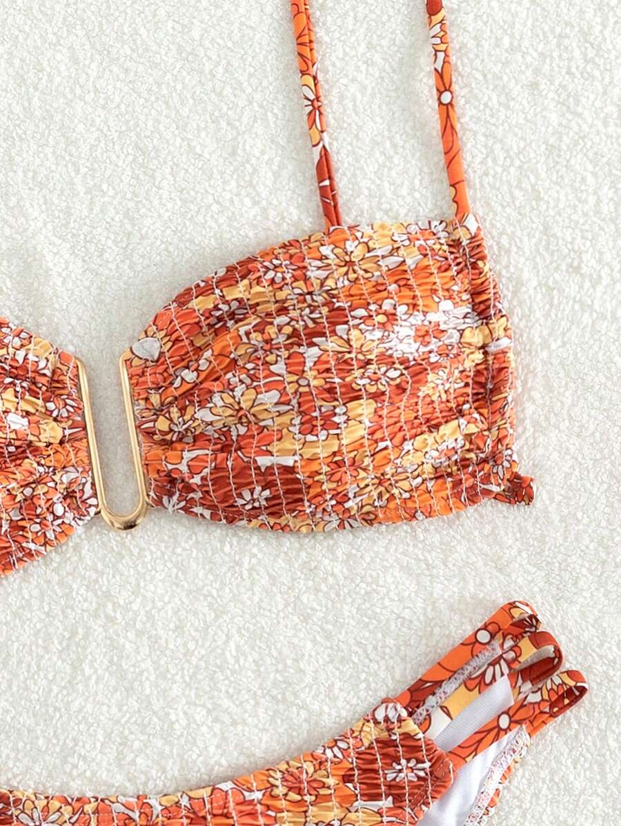 SHEIN Swim 2pcs/Set Women's Summer New Special Pleated Craftsmanship Floral Print Halter Swimsuit With Adjustable Shoulder Straps And High-Cut Bottoms - Multicolor - View 1