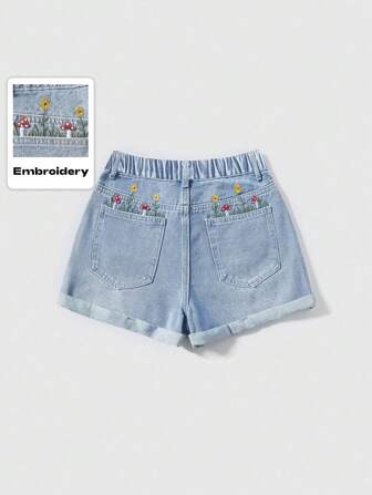 Kurze Oversize Mädchen Lässig Shorts mit süßer Tasche, Stickerei mit Pilz & Sonnenblume, A-Linie mit umgeschlagenem Saum, Jeans