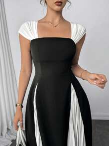 Modelyn Vestido con pliegues en el hombro, bajo con pliegues y color de contraste empalmado