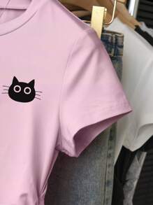 INAWLY Women Versatile Minimalist Cat Print T-Shirt, Suitable For Summer - Pink - View 3
