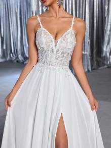 Glamrae 优雅奢华刺绣、亮片、蕾丝和雪纺拼接腰线网眼透视超大连衣裙，侧高开叉，性感露肩，浪漫蕾丝不对称拼接超长拖尾新娘婚纱，新娘