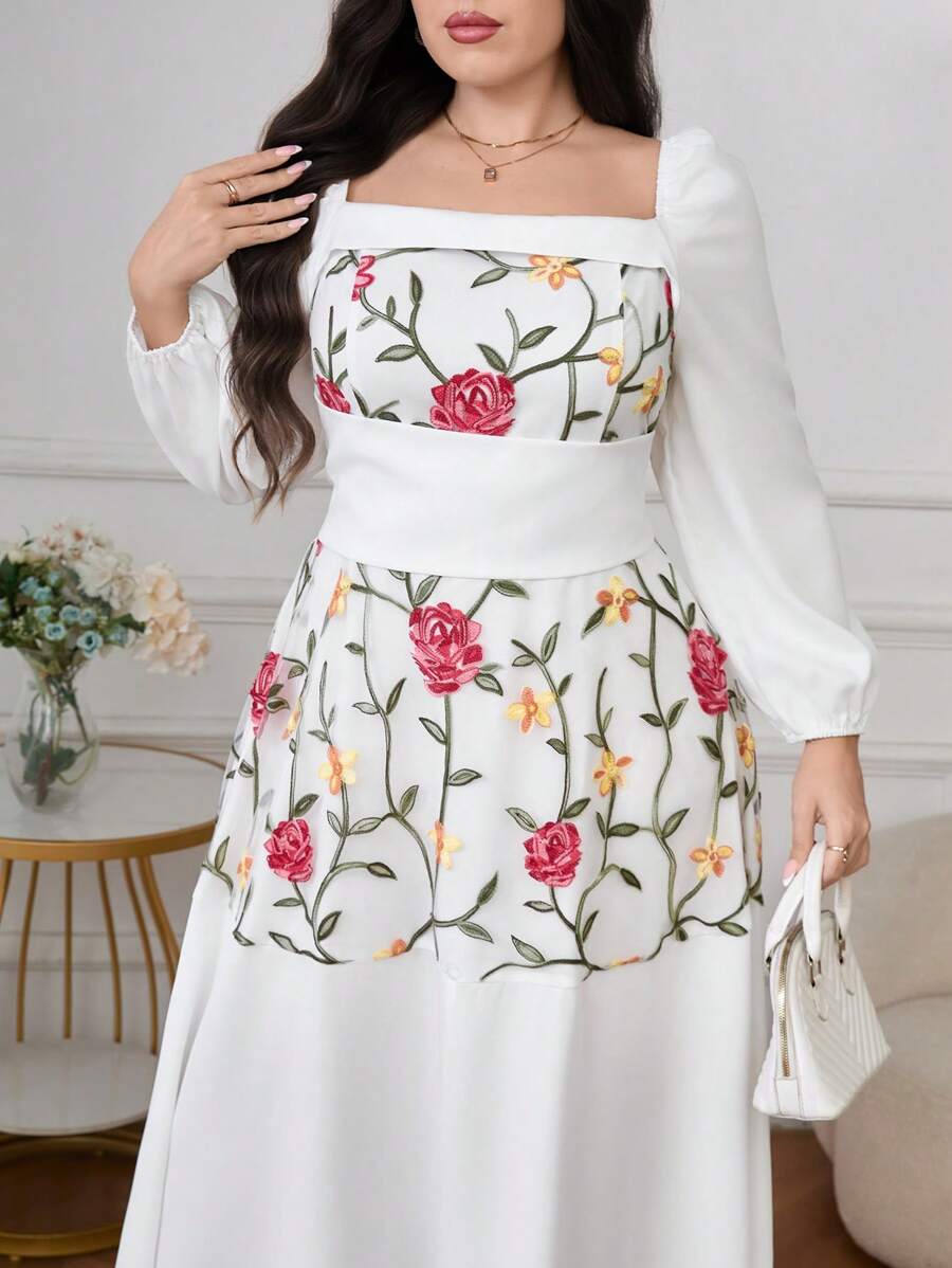Modelyn Plus Size Long Embroidered Romantic Elegant A-Line Vacation Dress - White - View 1