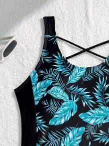 SHEIN Conjunto deportivo de traje de baño ajustado para adolescente con cuello redondo sin mangas, lazo lateral, diseño minimalista y cómodo