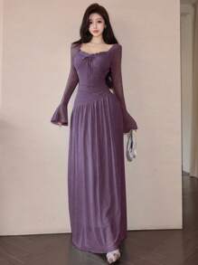 Modelyn Women's Mesh Lace-Up Flare Sleeve Asymmetrical Ruched Elegant Date Dress Fall Cloth For Women - Purple - View 3