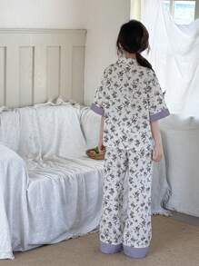 SHEIN Áo len cardigan cổ bẻ in hoa tay ngắn và quần dài Bộ đồ ngủ dệt thoải mái cho bé gái tuổi mới lớn - Bụi tím - Xem 2