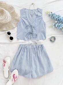 Soleia Conjunto de 2 piezas para vacaciones, compuesto por shorts sueltos con decoración de lazo y estampado de rayas azul y blanco en estilo fresco de macarrón, adecuado para uso casual en verano como graduaciones y bodas