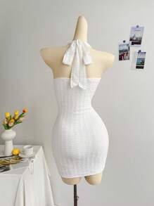 Soleia Abito mini da donna per le vacanze, in maglia bianca con texture, spalline annodate, con inserti metallici a forma di stella marina decorativa, adatto per feste, appuntamenti, spiaggia, estate, aderente e sexy