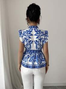 Breezaya Women's Vacation Fit Daisy Retro Print Mandarin Collar Cap Sleeve Shirt - Blue - View 2