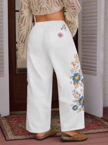 Breezaya Plus Size Women Non-Stretch Embroidered Elastic Waist Jeans - Khaki - View 2