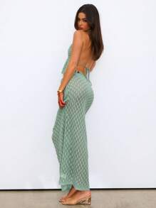 Aloruh Women's Spring/Summer Vacation Green Crochet Halter Neck & Super Low Waist Bodycon Skirt 2 Pieces Set