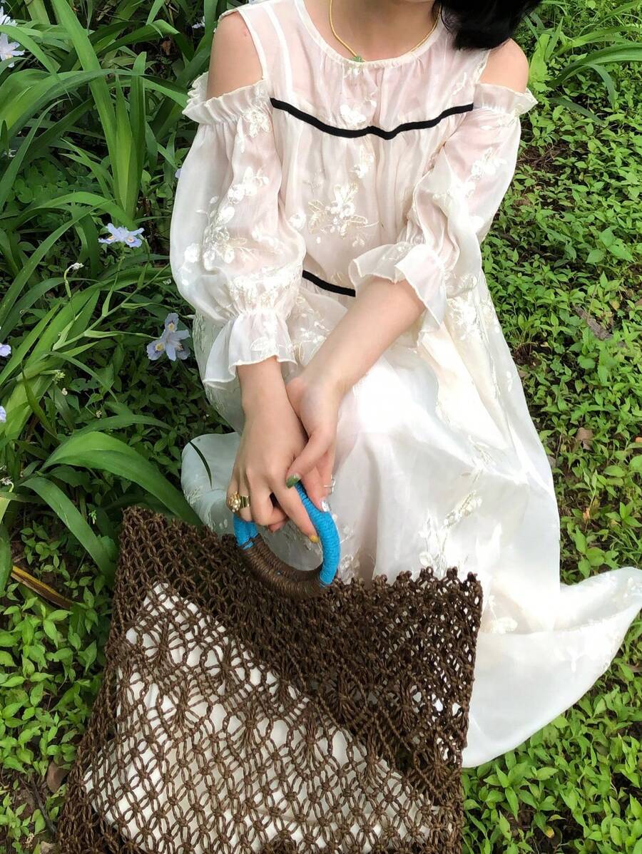 FRIFUL Women's Solid Color Cutout Embroidered Decorative Pleat & Ruffle Hem Dress, Sweet Mori Style, Spring/Summer Woman S Summer Clothes Women Summer Clothing Women Casual Dress Women S White Dress Women S Clothes