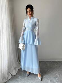 Modelyn Women's V-Neck Flared Sleeve Waist Cinching Slim Fit Chiffon Dress Fall Cloth For Women - Blue - View 3