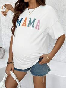 SHEIN Nursing Maternity Round Neck Letter Print Casual Short Sleeve T-Shirt