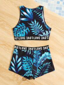 Tween Girls' Tropical Print Letter & Braided Strap Cami Top With Briefs Tankini Set - Black - View 2