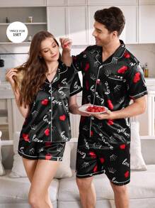 两件套男士睡衣套装，心形和皇冠印花 - 彩色 - 查看 3