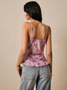 Poéselle 女士花卉印花网眼吊带背心，抽绳荷叶边下摆度假可爱吊带背心，夏季波西米亚风海滩春季 Y2k 上衣 - 粉色 - 查看 3