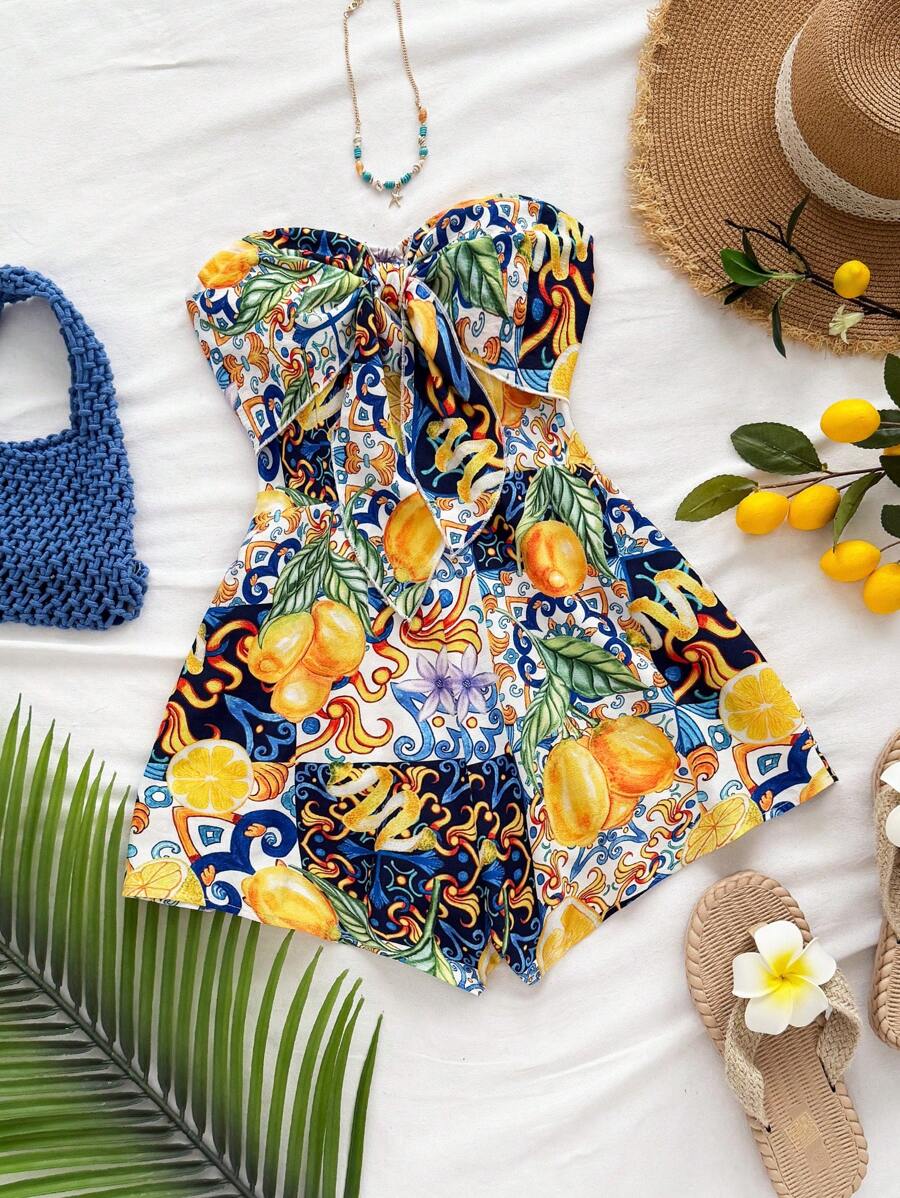 Soleia 女式度假巡航沙滩短裤，宽松版型瓷砖印花抹胸前扭纹后背镂空收腰连体裤，春夏