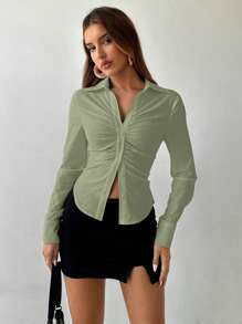 Aloruh Women's New Office Commute Daily Pointed Hem, Ruched Bust, Stand Collar, Single-Breasted, Front Opening, Fitted Long Sleeve Shirt Sexy - Mint Green - View 3