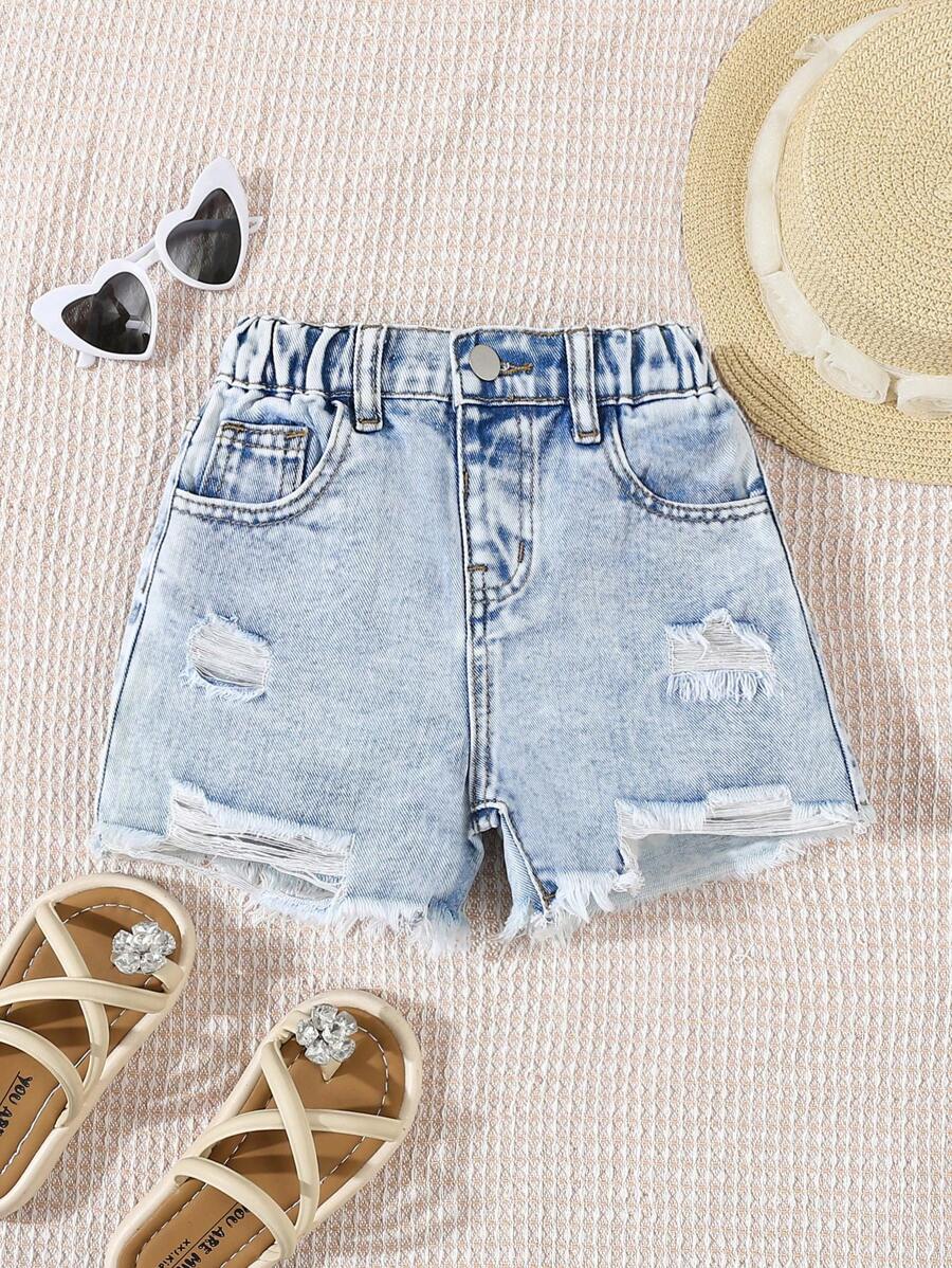 SHEIN Baby Girl' Fashion Versatile Distressed Denim Shorts - Light Wash - View 1