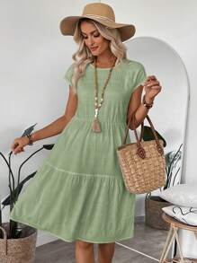 EMERY ROSE Women's Summer Geometric Pattern Print Round Neck Short-Sleeve Dress,Sun Dresses For Women,Mint Green Dress - Aqua Green - View 6