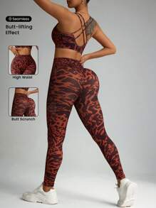 SHEIN Leopard Print Sports Bra & Leggings 2Pcs Set For Women - Brown - View 1