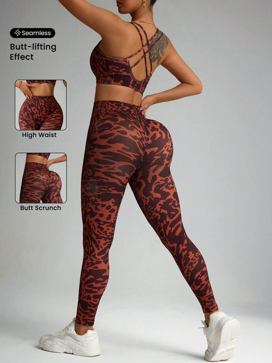 SHEIN Leopard Print Sports Bra & Leggings 2Pcs Set For Women - Brown - View 1