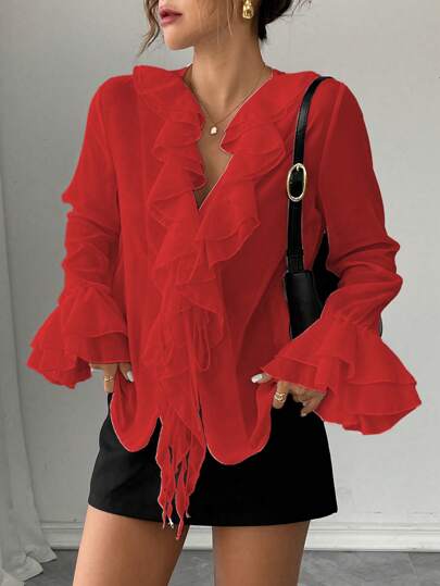 Rafferiza Damen elegante einfarbige Chiffon Laternärmel V-Ausschnitt Schleife Vorderseite locker geschnittene lässige Bluse für den Herbst