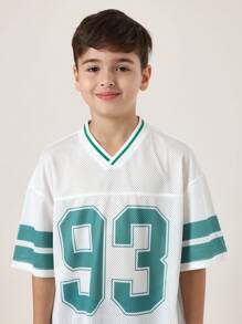 SUMWON Camiseta informal de manga corta con rendimiento transpirable, estilo jersey de béisbol atlético de malla, número de equipo deportivo, para entrenamientos y niños