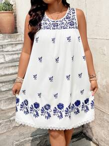 Breezaya 大码女式圆领无袖花卉印花荷叶边下摆修身休闲度假连衣裙 - 彩色 - 查看 3