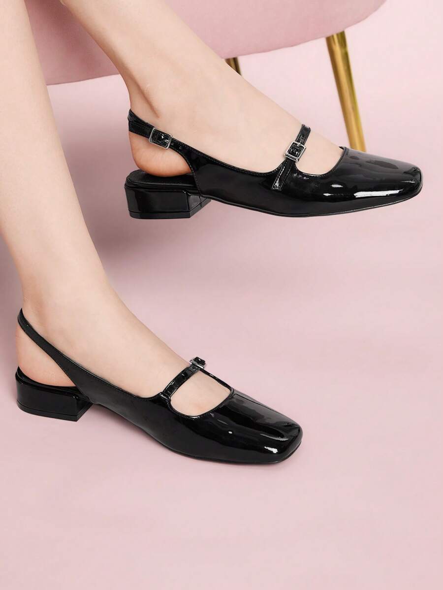 CUCCOO DOLLMOD Women's Fashion Metal Black Mary Jane Low Chunky Heel Shoes