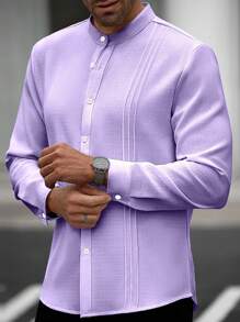 Manfinity Homme Men's Casual Business Commute Solid Color Long Sleeve Button-Up Shirt,Men's Solid Color Texture Casual Wrinkle Double Patch Bag Commuting Light Mature Long Sleeved Button Up Shirt, For Fall