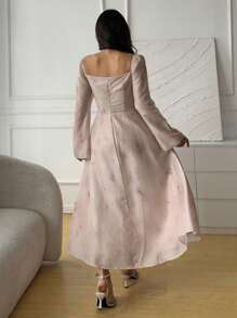 DAZY 女式系腰长袖中长连衣裙，秋季连衣裙 - 杏色 - 查看 2