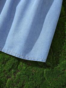 SHEIN Tween Girl Fashion Casual Y2k Vacation Blue Denim Loose Long Top Cute Flowers Lotus Leaves And Small Flying Sleeves For Tween Girl Clothes Boys Soft Dailywear And Tween Girl Summer And Spring Clothes