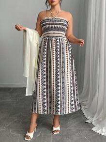 Modelyn Plus Size Women Solid Color Long Sleeve Cardigan And Geometric Print Halter Neck Dress Set - Multicolor - View 5